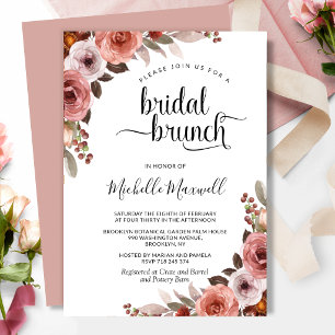 Chic Blush Burgundy and Pink Floral Bridal Brunch Invitation
