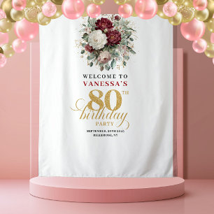 Chic Blush Burgundy Floral 80th Birthday Backdrop Tapestry
