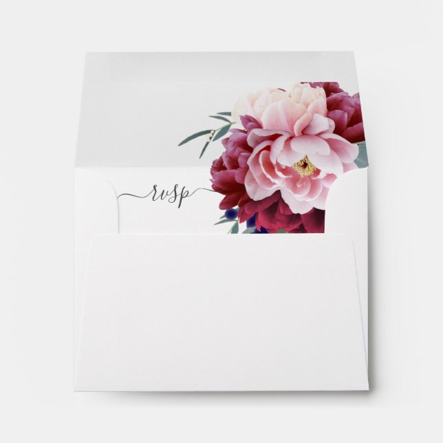 Chic Blush Burgundy Navy Blue Floral Wedding RSVP Envelope (Back (Bottom))