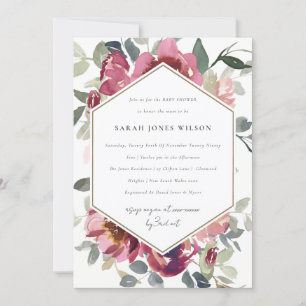 CHIC BLUSH BURGUNDY ROSE FLORAL BABY SHOWER INVITE