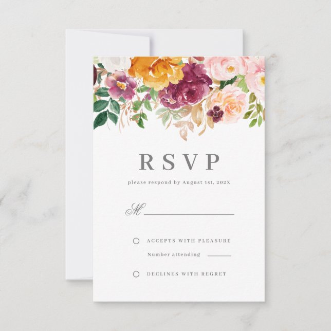Chic Blush & Burgundy Watercolor Floral Wedding RSVP Card (Front)