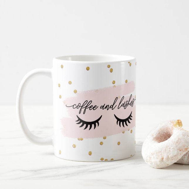 Chic Blush Coffee and Lashes Faux Gold with Name Mug (With Donut)
