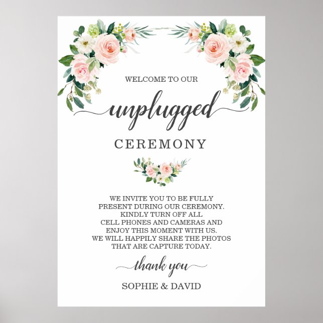 Chic Blush Cream Floral Unplugged Ceremony Sign (Front)