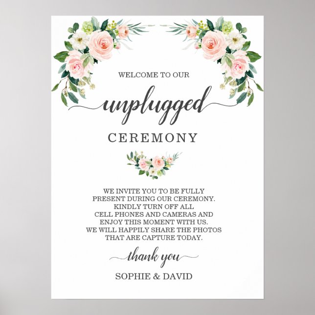 Chic Blush Cream Floral Unplugged Ceremony Sign (Front)