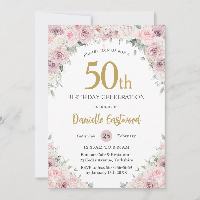 Chic Blush Dusty Pink Floral 50th 60th Birthday Invitation (Front)