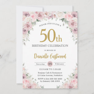 Chic Blush Dusty Pink Floral 50th 60th Birthday Invitation