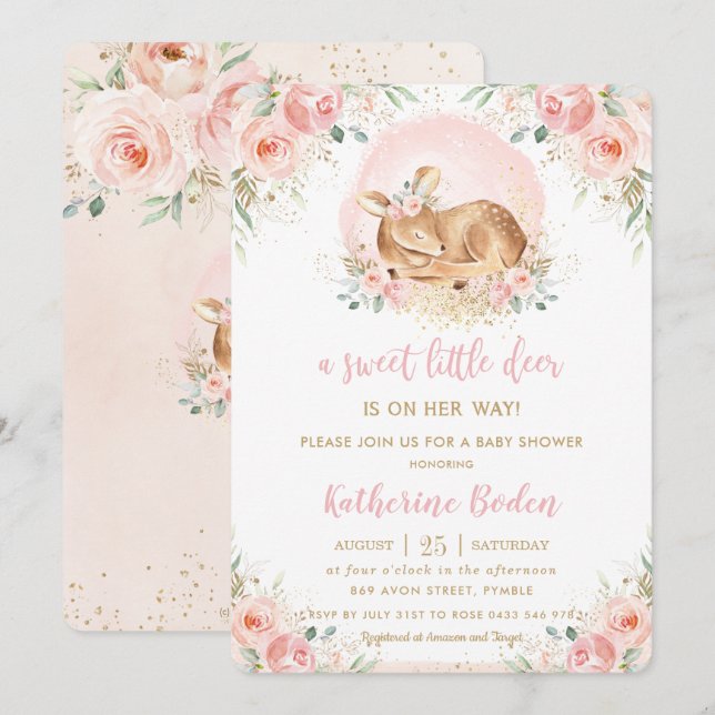 Chic Blush Floral Baby Deer Girl Baby Shower Invitation (Front/Back)