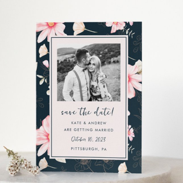 Chic Blush Floral Blue Wedding Photo Save the Date (This pretty vintage look pink and blue floral wedding photo save the date features whimsical flowers)