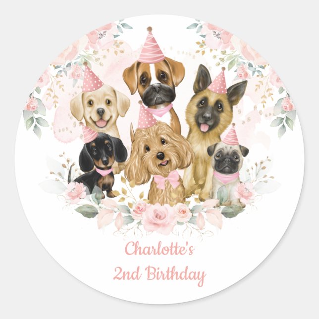 Chic Blush Floral Dogs Puppies Birthday Party Classic Round Sticker (Front)
