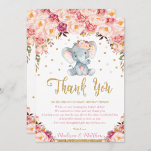 Chic Blush Floral Elephant Baby Shower Birthday Thank You Card