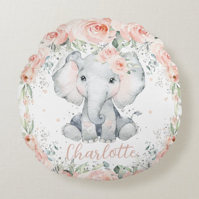 Chic Blush Floral Elephant Girl Bedroom Nursery Round Cushion (Front)