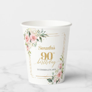 Chic blush floral eucalyptus gold 90th birthday paper cups