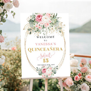Chic blush floral gold pastel quinceañera welcome  poster
