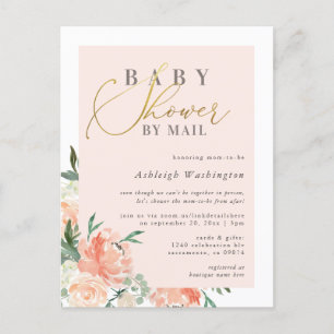 Chic Blush Floral Gold Script Baby Shower By Mail Invitation Postcard
