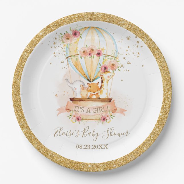 Chic Blush Floral Hot Air Balloon Baby Animals  Paper Plate (Front)