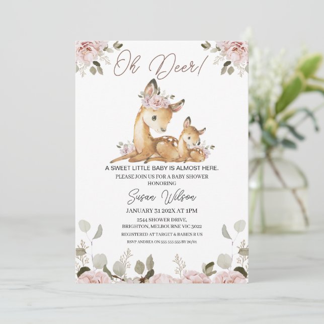 Chic Blush Floral Oh Deer Baby Shower Invitation (Standing Front)