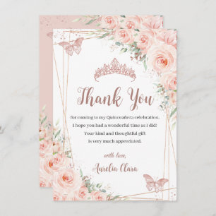 Chic Blush Floral Rose Gold Butterfly Quinceañera Thank You Card