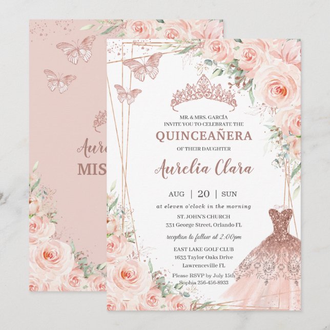 Chic Blush Floral Rose Gold Dress Gown Quinceañera Invitation (Front/Back)