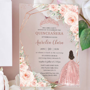 Chic Blush Floral Rose Gold Quinceañera Princess Acrylic Invitations