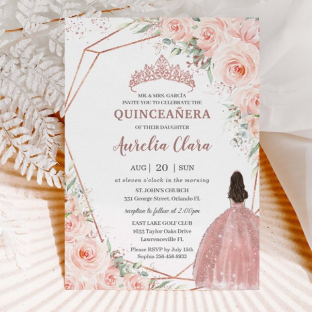 Chic Blush Floral Rose Gold Quinceañera Princess Invitation (Creator Uploaded)