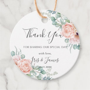 Chic Blush Floral Roses Greenery Wedding Thank You Favour Tags
