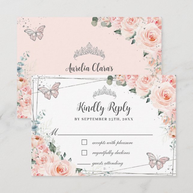 Chic Blush Floral Silver QUINCEAÑERA Butterflies RSVP Card (Front/Back)