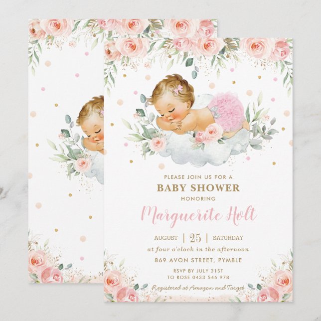 Chic Blush Floral Sweet Sleeping Baby Girl Shower  Invitation (Front/Back)