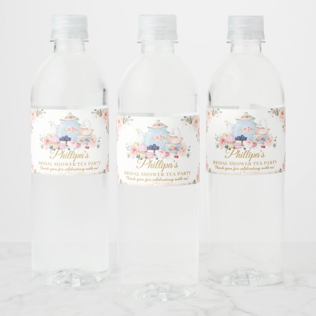  Chic Blush Floral Tea Party Bridal Baby Shower  Water Bottle Label (Bottles)