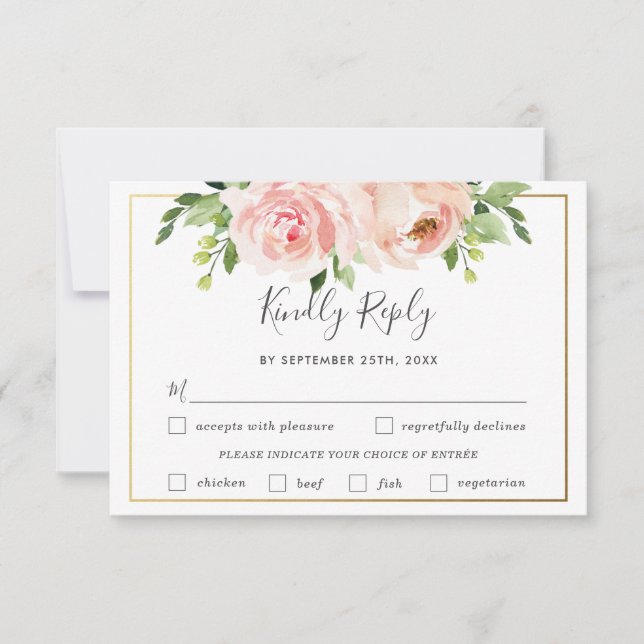 Chic Blush Floral Wedding Meal Choice RSVP Card (Front)