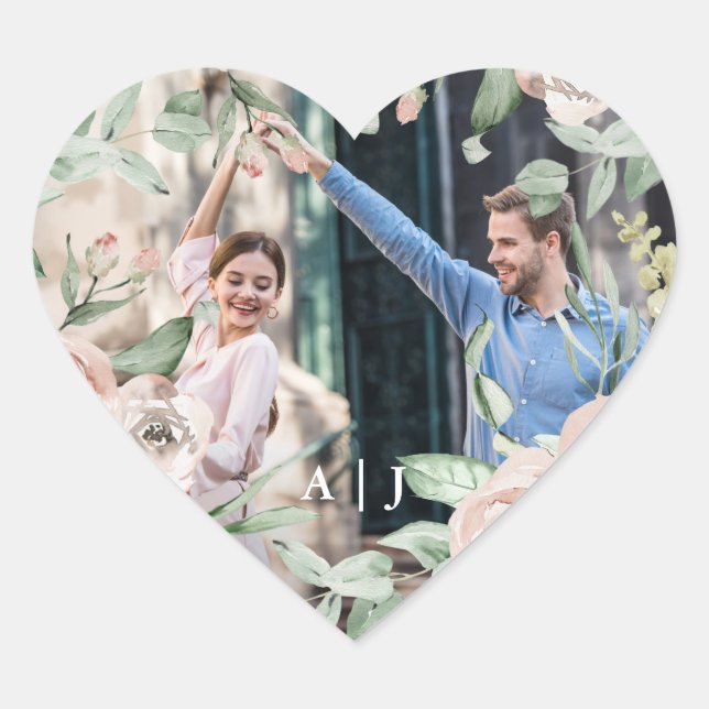 Chic Blush Floral with Monogram Photo Wedding Heart Sticker (Front)