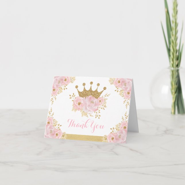 Chic Blush Gold Crown Princess Birthday Baby Girl Thank You Card (Front)