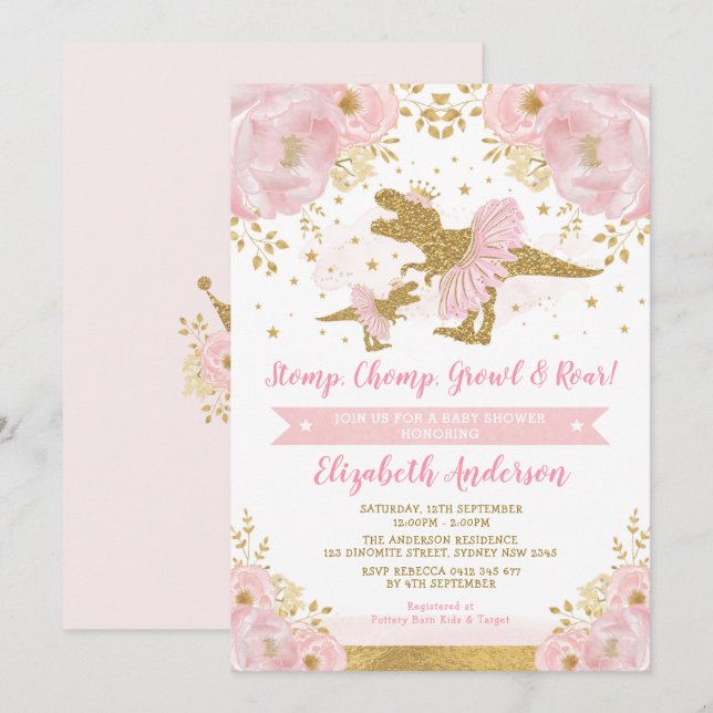 Chic Blush Gold Floral Dinosaur Girl Baby Shower Invitation (Front/Back)