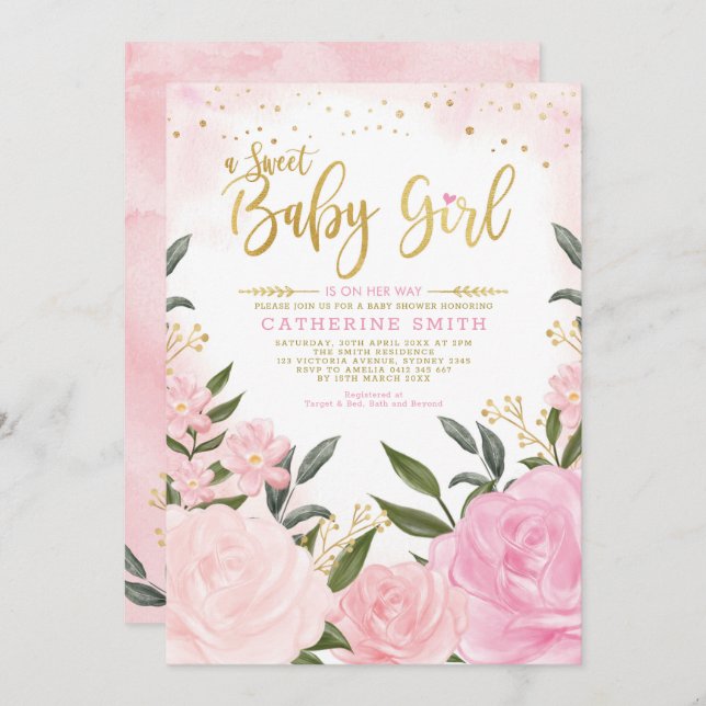 Chic Blush Gold Garden Floral Roses Baby Shower Invitation (Front/Back)