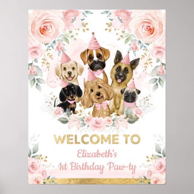 Chic Blush Gold Puppies Pet Dogs Birthday Welcome Poster (Front)