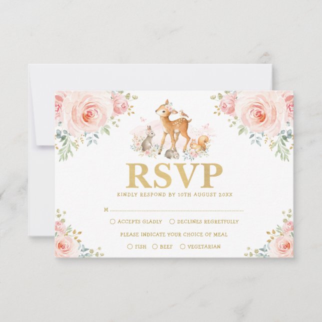 Chic Blush Gold Woodland Floral Baby Animals RSVP Card (Front)