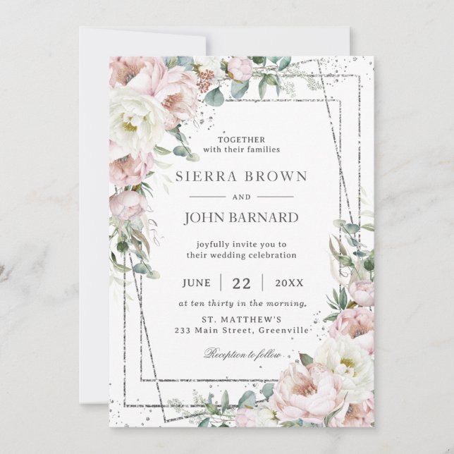 Chic Blush Ivory Peonies Floral Geometric Wedding Invitation (Front)
