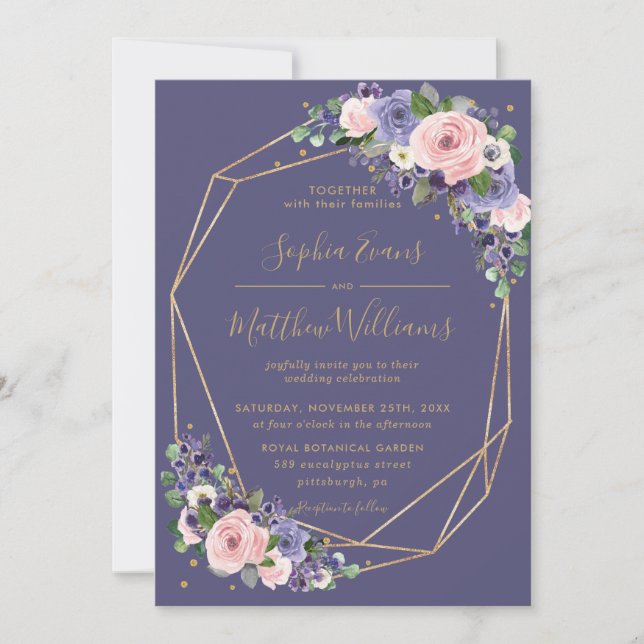 Chic Blush Lavender Floral Gold Geometric Wedding Invitation (Front)