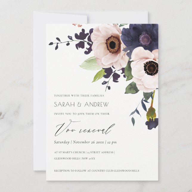 Chic Blush Navy Anemone Floral Vow Renewal Invite (Front)