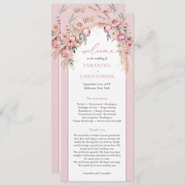 Chic blush peonies pampas boho arch boho program programme (Front/Back)