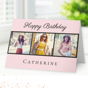 Chic Blush Pink 3 Photo Collage Happy Birthday Card