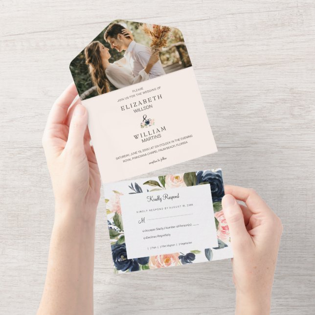 Chic Blush Pink and Navy Blue Floral Wedding Photo All In One Invitation (Tearaway)