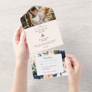 Chic Blush Pink and Navy Blue Floral Wedding Photo All In One Invitation