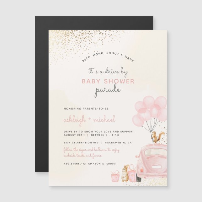 Chic Blush Pink Balloons Car Drive By Baby Shower Magnetic Invitation (Front/Back)