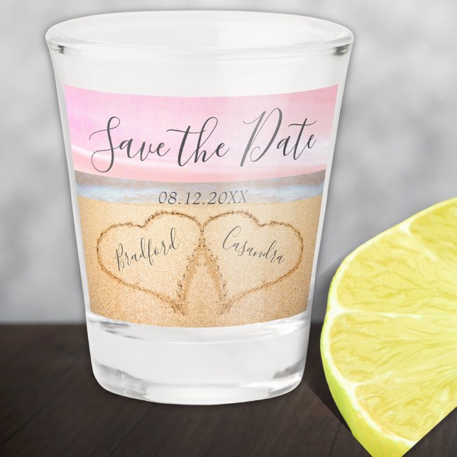 Chic Blush Pink Beach Couples Hearts Sand  Shot Glass (Creator Uploaded)