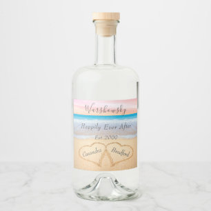 Chic Blush Pink Beach Wedding 2 Heart Sand Liquor Liquor Bottle Label