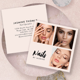Chic Blush Pink Black Script 3 Photo Nail Artist Square Business Card