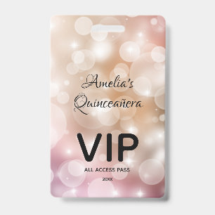 Chic Blush Pink Bokeh Quinceañera Invite VIP Pass ID Badge