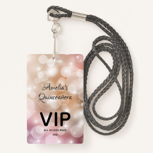 Chic Blush Pink Bokeh Quinceañera Invite VIP Pass ID Badge