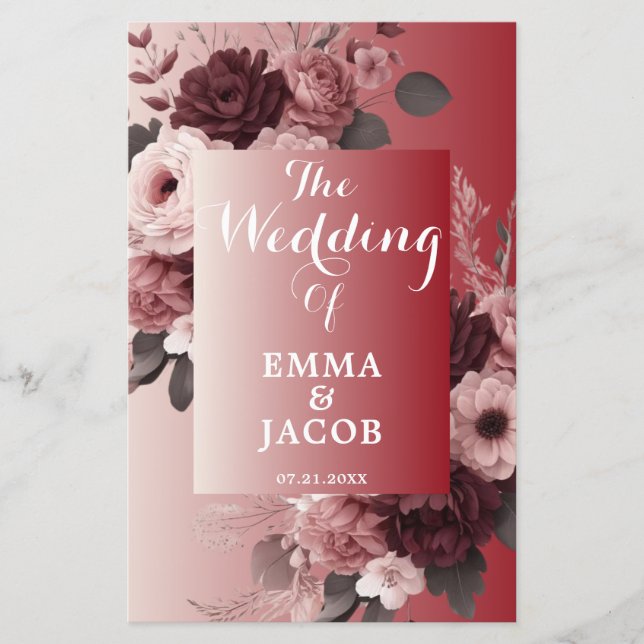 Chic Blush Pink Burgundy Floral Wedding Program (Front)