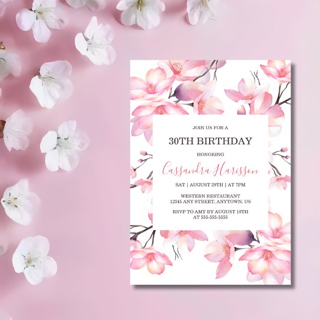Chic Blush Pink Cherry Blossom Botanical Birthday Invitation (Creator Uploaded)